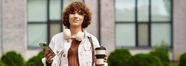 A young woman with curly hair stands casually with coffee and phone by her workplace, banner — Stock Photo