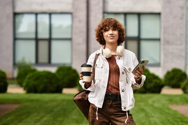 Curly-haired woman in casual clothing stands outside her office with a coffee and phone in hand. — Stock Photo