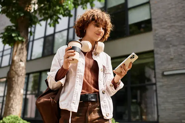Casually dressed woman with curly hair holds a coffee cup and smartphone near her workplace. — Stock Photo