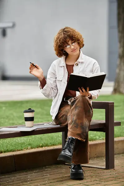 A young woman with curly hair sits casually on a bench, writing notes while sipping coffee. — Stock Photo