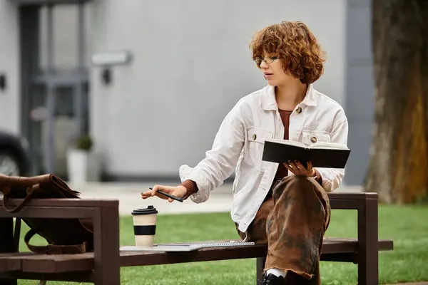 Young woman with curly hair enjoys coffee and studies on a bench in a lively outdoor setting. — Stock Photo
