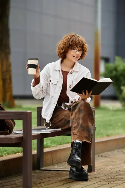 A young woman relaxes outdoors, reading while sipping coffee near her workplace. — Stock Photo