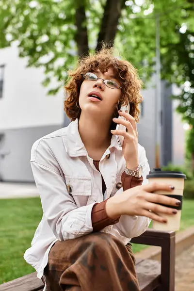 Curly-haired woman in casual clothing talks on the phone while sipping coffee outdoors. — Stock Photo