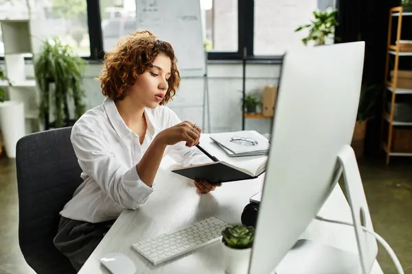 In a bright office, a curly-haired businesswoman diligently reviews her notes. — Stock Photo