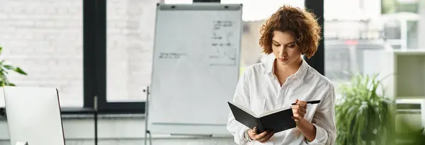 Curly-haired young professional engages in thoughtful analysis at her stylish workplace, banner — Stock Photo