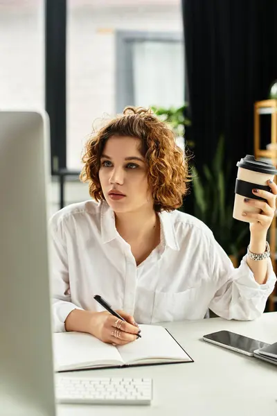 A young woman with curly hair focuses on her tasks while enjoying coffee in a stylish office. — Stock Photo