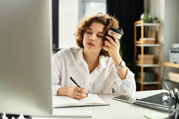 Curly-haired woman in smart casual attire thoughtfully notes ideas while enjoying coffee. — Stock Photo