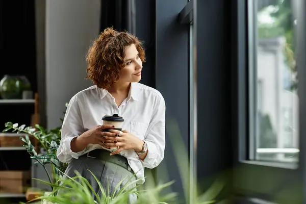 Young businesswoman with curly hair reflects while holding coffee in a stylish office space. — Stock Photo