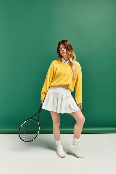 Bright summer atmosphere as a beautiful young woman poses with a tennis racket, ready to play. — Stock Photo