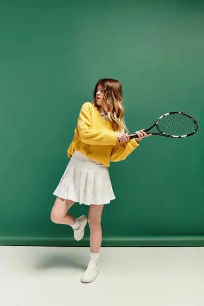 A young beautiful woman in a yellow sweater and white skirt plays tennis, radiating summer joy. — Stock Photo