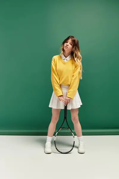 A confident young woman holds a tennis racket, dressed in a yellow sweater and white skirt. — Stock Photo