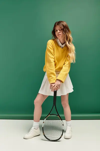 Sporty young woman stands confidently with a tennis racket, showcasing summer energy and style. — Stock Photo