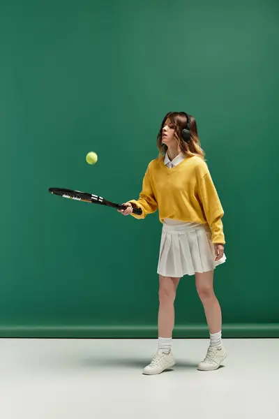A young woman showcases her tennis talent, preparing to serve a yellow ball with passion. — Stock Photo