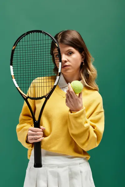 A confident young woman holds a tennis racket and ball, exuding summer vibes. — Stock Photo