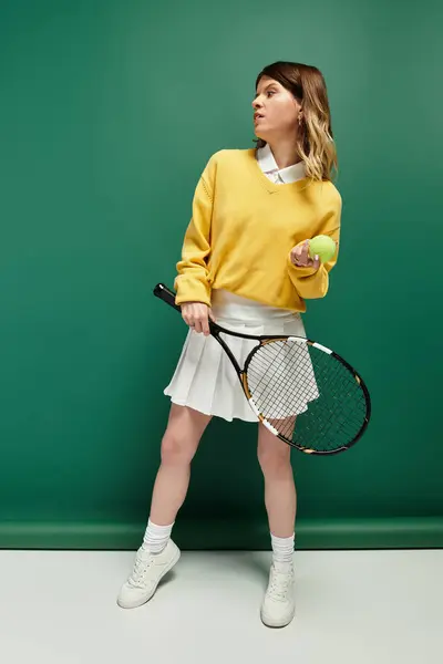 Sporty young woman in a bright outfit holds a tennis racket and ball, exuding summer energy. — Stock Photo