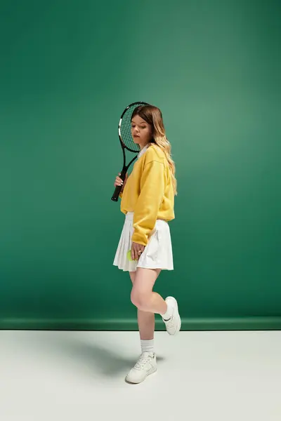 A young woman in a yellow sweater and white skirt holds a tennis racket on a sunny day. — Stock Photo