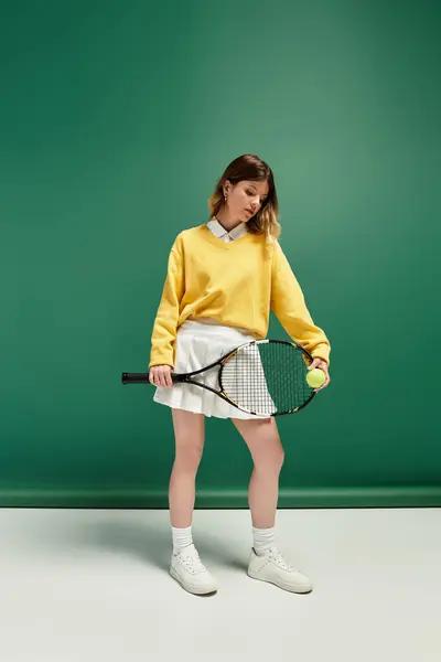 A cheerful young woman in a yellow sweater and white skirt holds a tennis racket, ready for summer. — Stock Photo