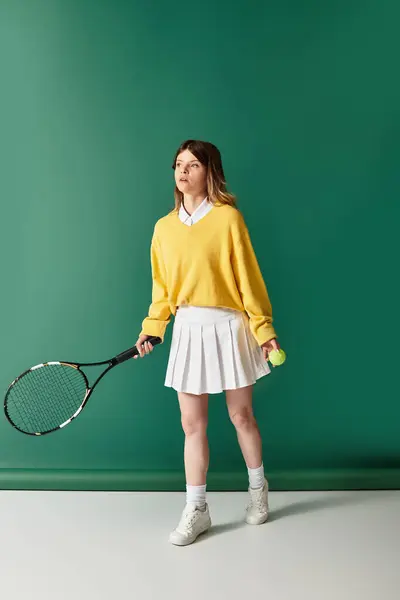 A young beautiful woman dressed in a yellow sweater and white skirt stands poised, holding a racket. — Stock Photo