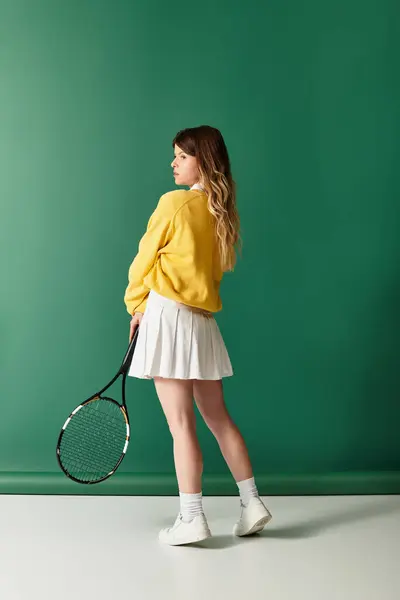 Sporty and stylish, a beautiful young woman poses in a cheerful outfit with her tennis racket. — Stock Photo