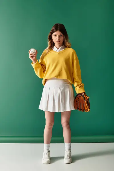 A young beautiful woman stands confidently holding a baseball and glove, radiating summer energy. — Stock Photo