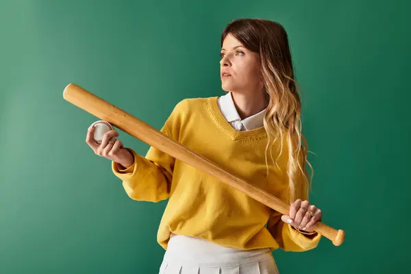 Bright summer vibe as a woman in a yellow sweater grips a baseball bat, ready for fun activities. — Stock Photo