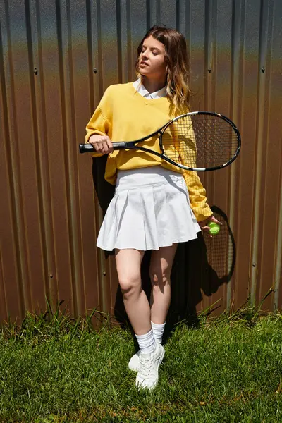 In a vibrant summer atmosphere, a young woman holds a tennis racket and ball, dressed stylishly. — Stock Photo