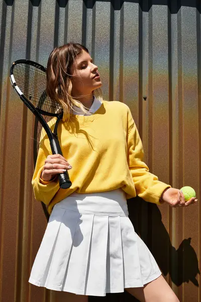 A young woman dressed in yellow and white prepares to play tennis under a bright summer sky. — Stock Photo
