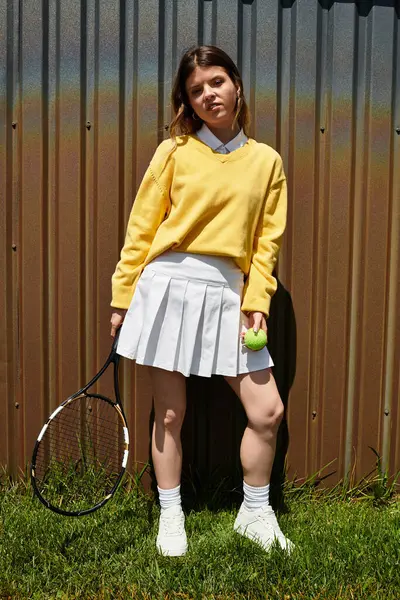 Woman stands confidently with tennis racket and ball, dressed in a bright outfit, enjoying summer. — Stock Photo