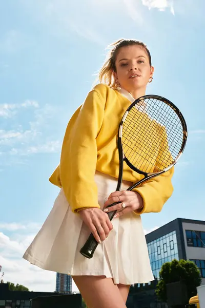 A young woman in a yellow sweater and white skirt holds a tennis racket in the sunlight. — Stock Photo