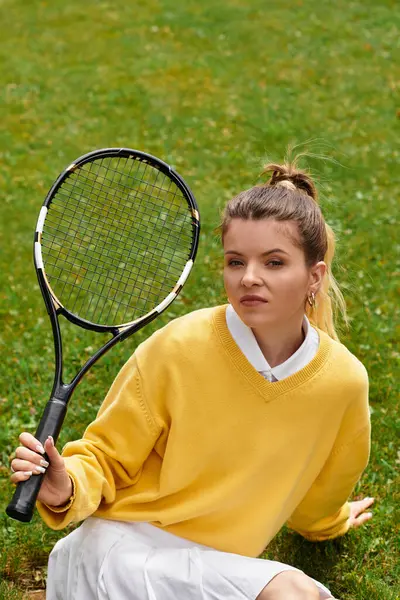 Radiating summer vibes, a beautiful young woman poses with a tennis racket on green grass. — Stock Photo