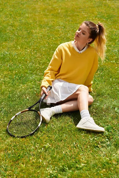 Relaxing on the grass, a young woman in a yellow sweater holds a tennis racket and embraces the sun. — Stock Photo