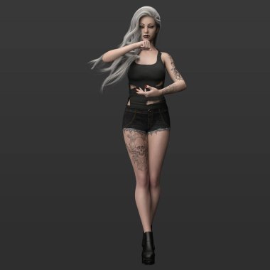 Yırtık Gömlekli Güzel Seksi Şehir Cadısı Kadın ve Dövmeli Kısa Şort ve Koyu Arkaplanda Uzun Gümüş Gri Saçlı Görüntü