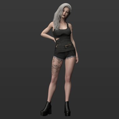 Yırtık Gömlekli Güzel Seksi Şehir Cadısı Kadın ve Dövmeli Kısa Şort ve Koyu Arkaplanda Uzun Gümüş Gri Saçlı Görüntü