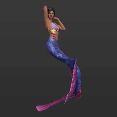 Koyu Arkaplanda Pembe ve Mavi Kuyruklu Güzel Bronzlaşmış Hüzünlü Deniz Kızı 'nın Üç Boyutlu Çizimi