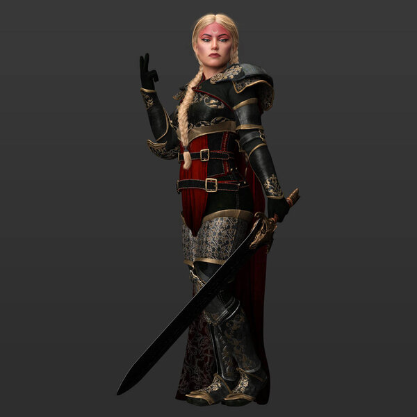 3D Rendering Illustration of Beautiful Powerful Woman Female Warrior Witch Wizard With Long Blonde Hair and Ornate Historical Fantasy Armour Holding Large Sword Isolated on Dark Background