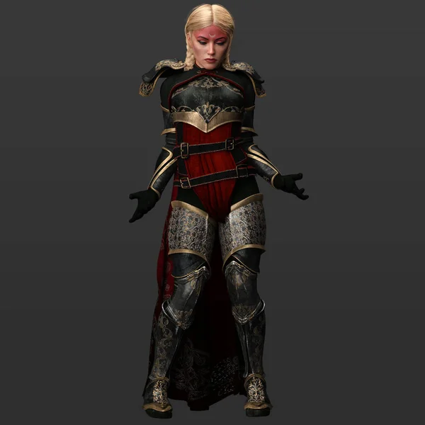 长发美女大侠女巫师与黑暗背景下华丽的历史幻想盔甲 3D渲染说明 — 图库照片
