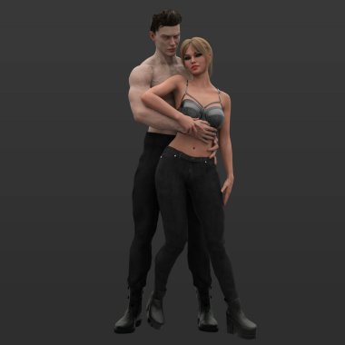 Siyah Deri Kıyafetli Şehir Fantezisi Kadın ve Siyah Kot Giyen Fantezi Şeytanı Kucaklayan Üstsüz Adam 'ın Üç Boyutlu Çizimi Karanlık Arkaplanda İzole Edildi