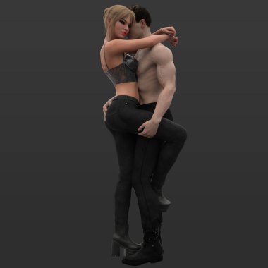 Siyah Deri Kıyafetli Şehir Fantezisi Kadın ve Siyah Kot Giyen Fantezi Şeytanı Kucaklayan Üstsüz Adam 'ın Üç Boyutlu Çizimi Karanlık Arkaplanda İzole Edildi