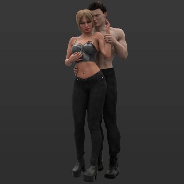 Siyah Deri Kıyafetli Şehir Fantezisi Kadın ve Siyah Kot Giyen Fantezi Şeytanı Kucaklayan Üstsüz Adam 'ın Üç Boyutlu Çizimi Karanlık Arkaplanda İzole Edildi