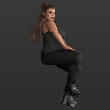 Siyah Dar Giysili Güzel Seksi Artı Boyutlu Şehirli Fantezi Modeli Karanlık Arkaplanda İzole Edildi