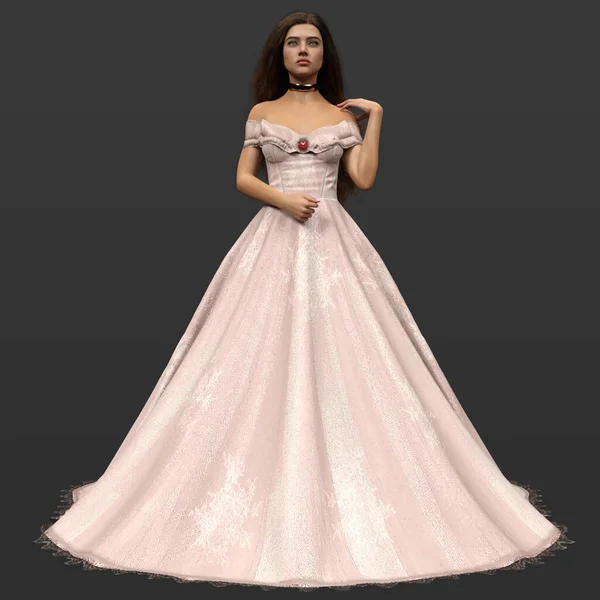 布鲁内特长发孤立无援的长粉红王宫美丽性感公主的3D再现 免版税图库图片