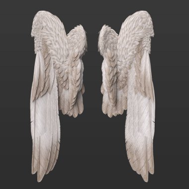 Üç boyutlu Güzel Tüylü Fantezi Melek Kanatları Çizimi Karanlık Arkaplanda İzole Edilmiş Uçuşta