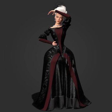 Siyah ve Kırmızı Elbiseli Güzel Muhteşem Regency Fantezi Kadın 'ın 3 boyutlu tasviri. Beyaz Pudralı Peruk Karanlık Arkaplanda İzole Edildi.