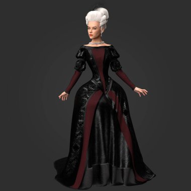 Siyah ve Kırmızı Elbiseli Güzel Muhteşem Regency Fantezi Kadın 'ın 3 boyutlu tasviri. Beyaz Pudralı Peruk Karanlık Arkaplanda İzole Edildi.