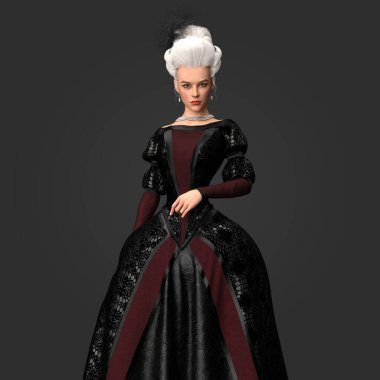 Siyah ve Kırmızı Elbiseli Güzel Muhteşem Regency Fantezi Kadın 'ın 3 boyutlu tasviri. Beyaz Pudralı Peruk Karanlık Arkaplanda İzole Edildi.