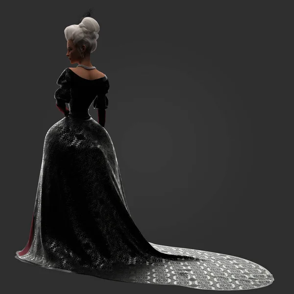 stock image 3D Rendering Illustration of Beautiful Gorgeous Regency Victorian Fantasy Woman in Black and Red Gown with White Powdered Wig Isolated on Dark Background