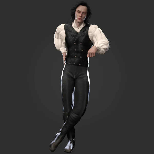 stock image 3D Rendering Illustration of Handsome Regency Victorian Historical Man Wearing Black and White Victorian Suit with Long Hair Posing Isolated on Dark Background