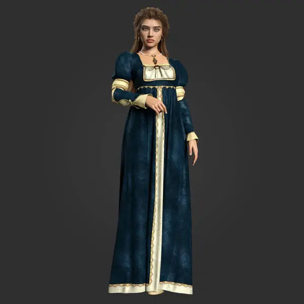 三维重建美丽迷人的维多利亚女王历史女性公主在深蓝色和深蓝色背景下的形象 图库照片