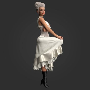 Beyaz Pudralı Peruk ve Beyaz Kimya ve Tarihsel Giysi Korsesi ve Ayakkabıları İzole Edilmiş Muhteşem Seksi Klasik Viktorya Regency Pin-Up Modeli 