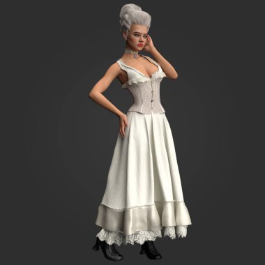Beyaz Pudralı Peruk ve Beyaz Kimya ve Tarihsel Giysi Korsesi ve Ayakkabıları İzole Edilmiş Muhteşem Seksi Klasik Viktorya Regency Pin-Up Modeli 